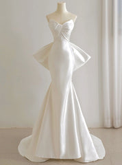 White Mermaid Satin Strapless Pleats Wedding Dress