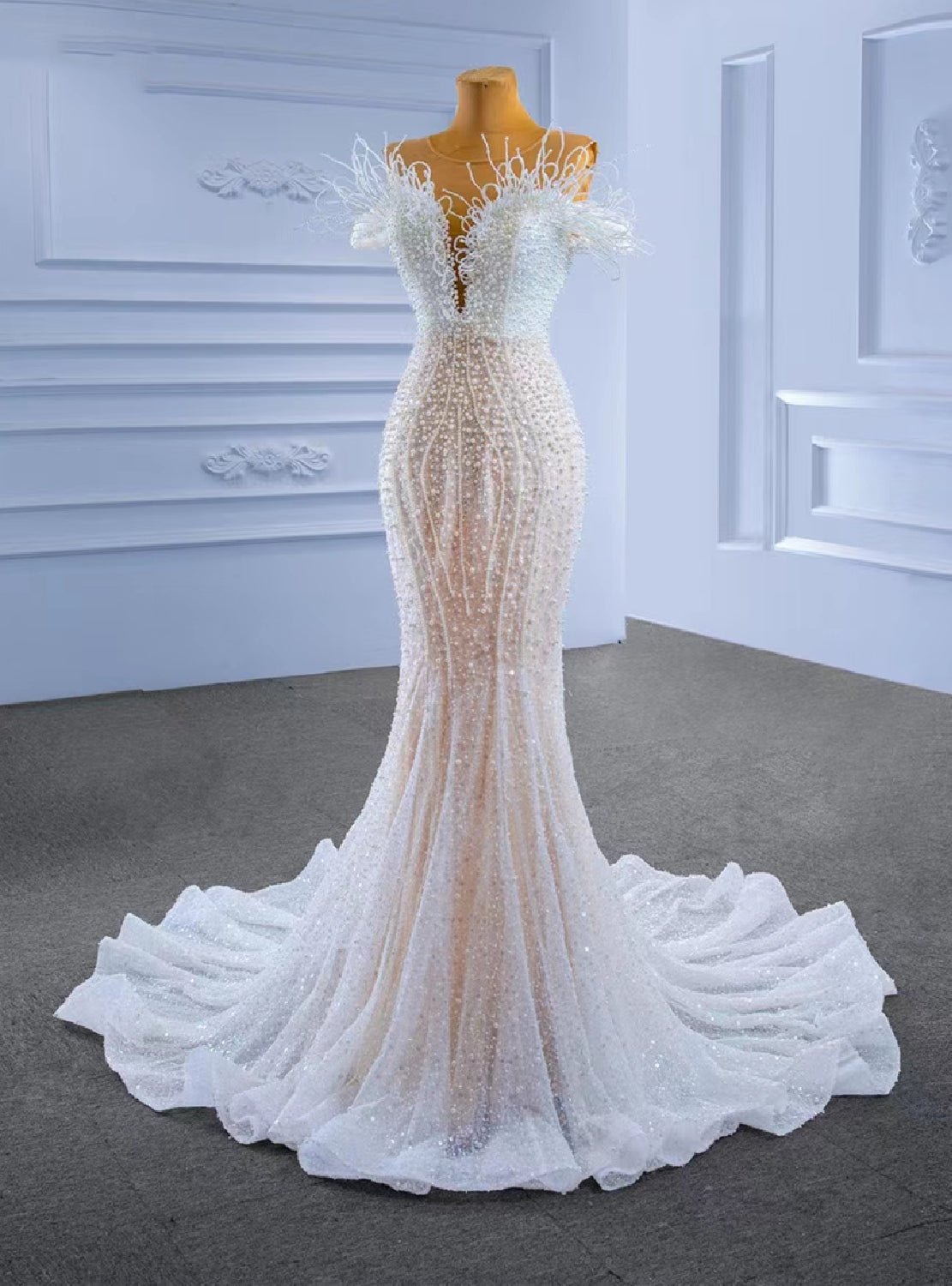 White Mermaid Sequins Beading Pearls Wedding Dress