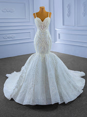 White Mermaid Sequins Spaghetti Straps Pearls Wedding Dress