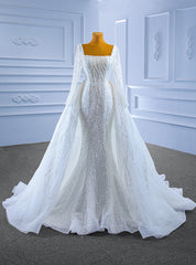 White Mermaid Sequins Square Neck Wedding Dress With Detachable Train