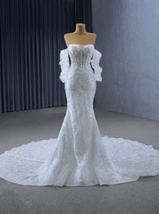 White Mermaid Sequins Strapless Wedding Dress With Train