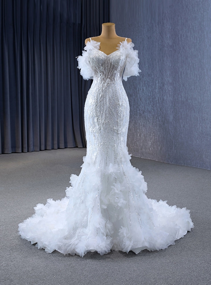 White Mermaid Sequins V-neck Wedding Dress