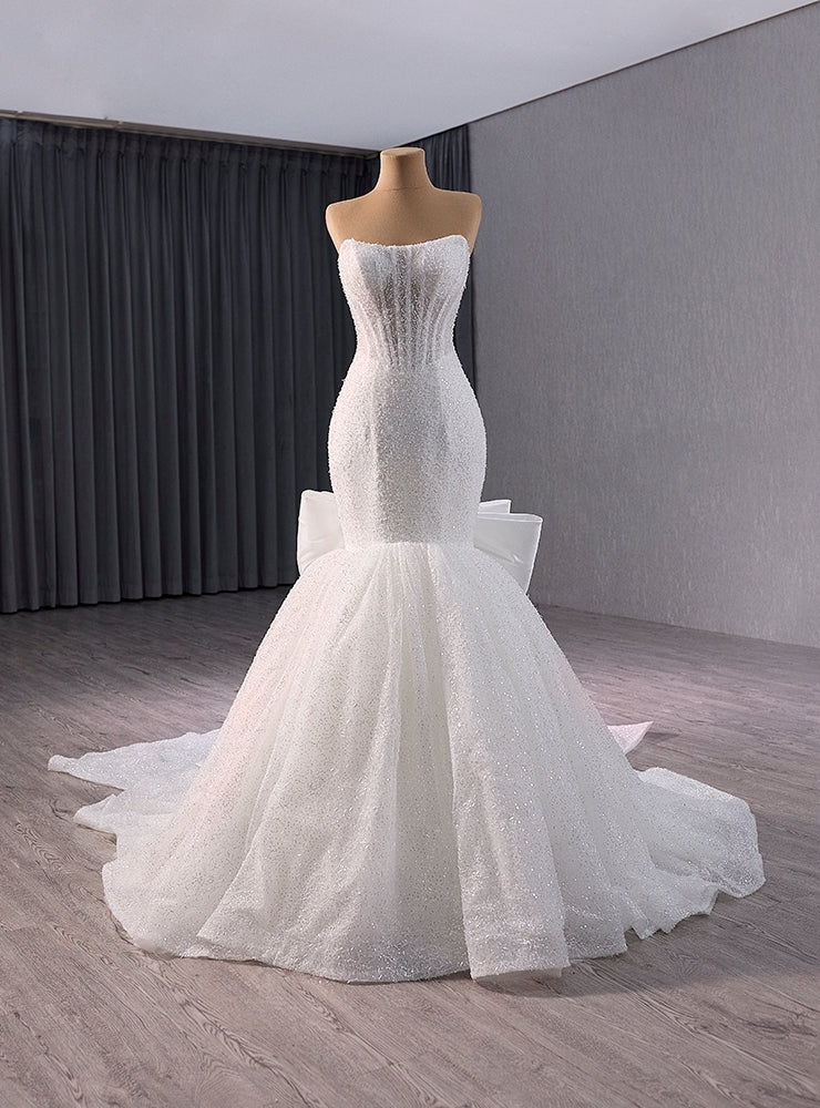 White Mermaid Strapless Wedding Dress With Bow