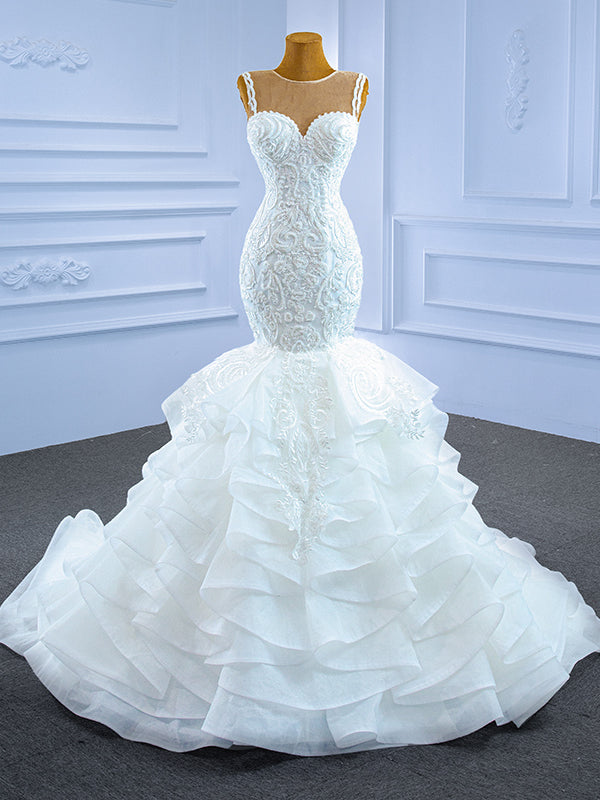 White Mermaid Tulle Appliques Wedding Dress