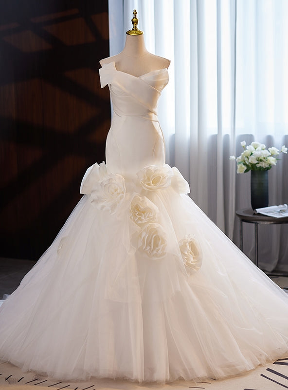 White Mermaid Tulle Flower Wedding Dress