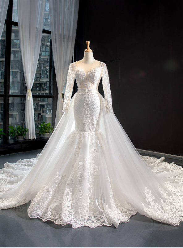 White Mermaid Tulle Lace Long Sleeve Wedding Dress With Removable Train