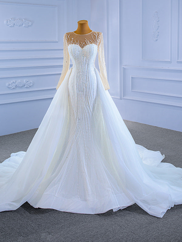 White Mermaid Tulle Long Sleeve Pearls Wedding Dress With Detachable Train