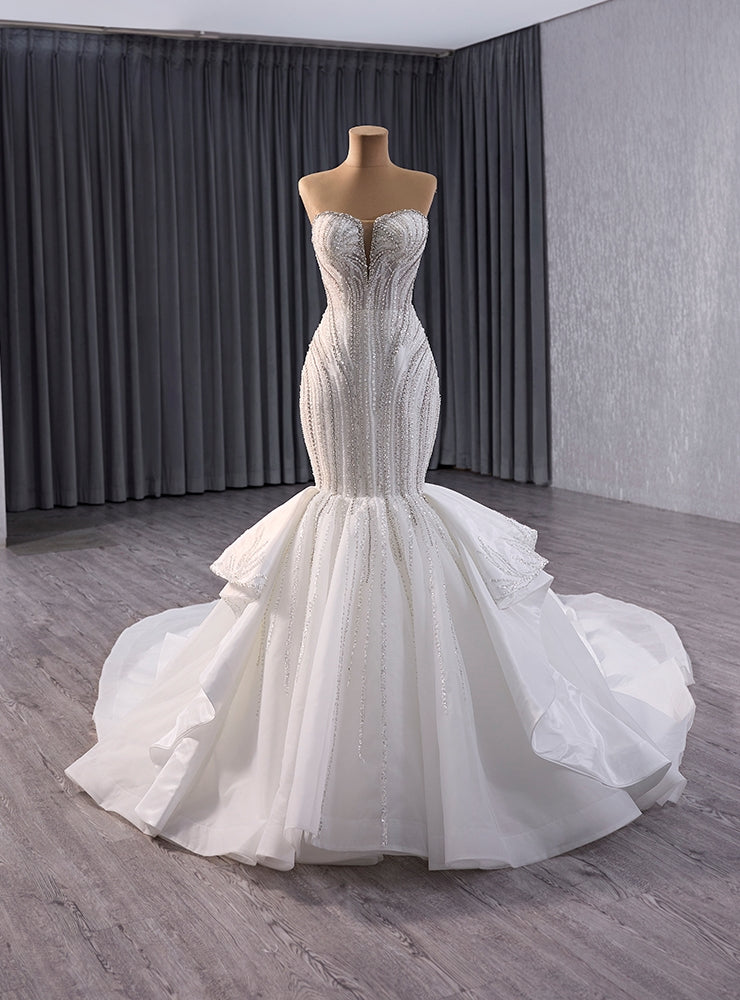 White Mermaid Tulle Sequins Beading Strapless Wedding Dress