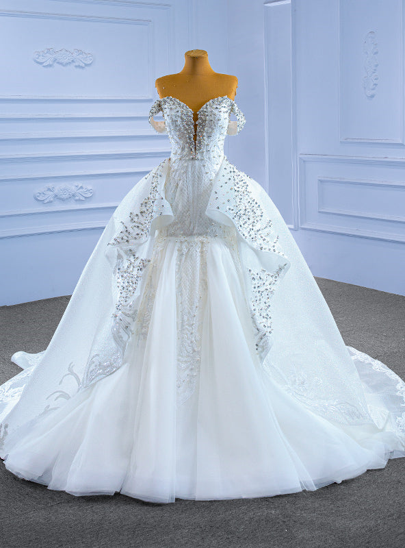 White Mermaid Tulle Sequins Beading Wedding Dress With Detachable Train