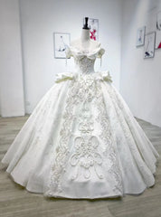 White Satin Appliques Beading Floor Length Wedding Dress