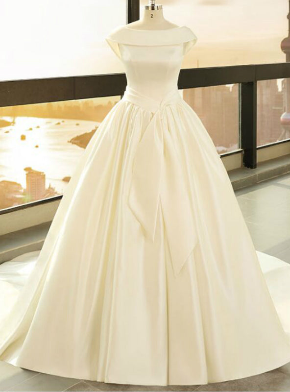 White Satin Bateau Backless Cap Sleeve Wedding Dress