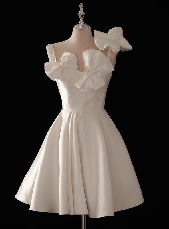 White Satin Bow Straps Wedding Dress