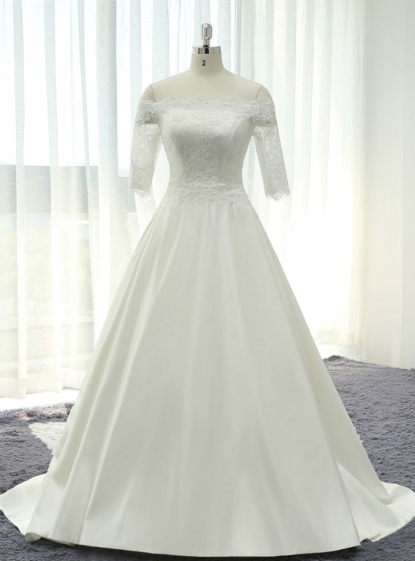 White Satin Lace Off The Shoulder Short Sleeve Wedding Dress With Lace Train