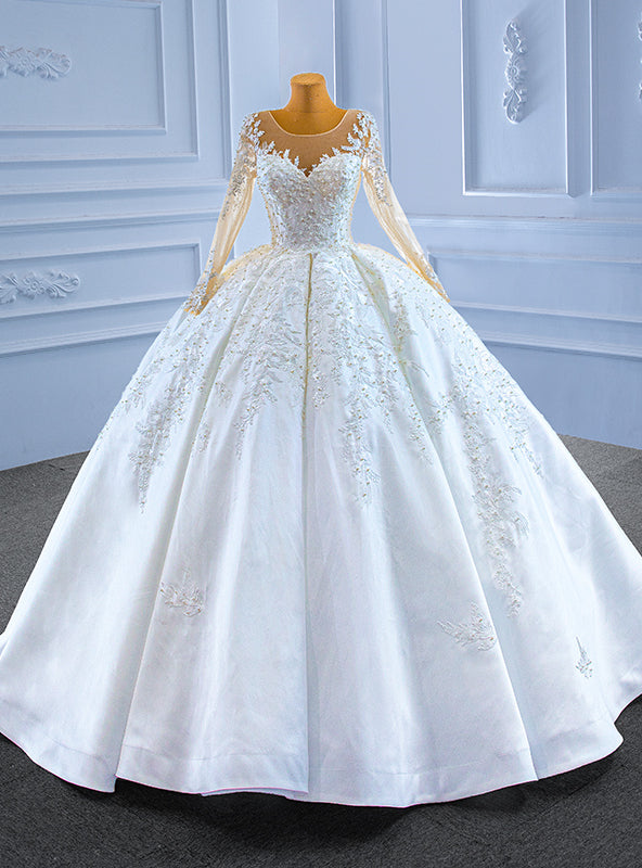 White Satin Long Sleeve Appliques Beading Wedding Dress