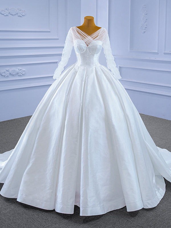 White Satin Long Sleeve Backless Wedding Dress