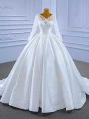 White Satin Long Sleeve Backless Wedding Dress