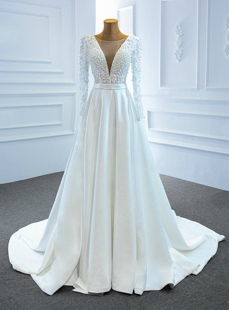 White Satin Long Sleeve Illusion V-neck Pearls Wedding Dress