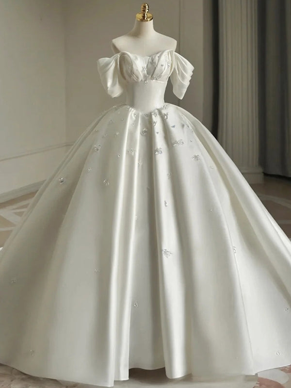 White Satin Off the Shoulder Crystal Wedding Dress