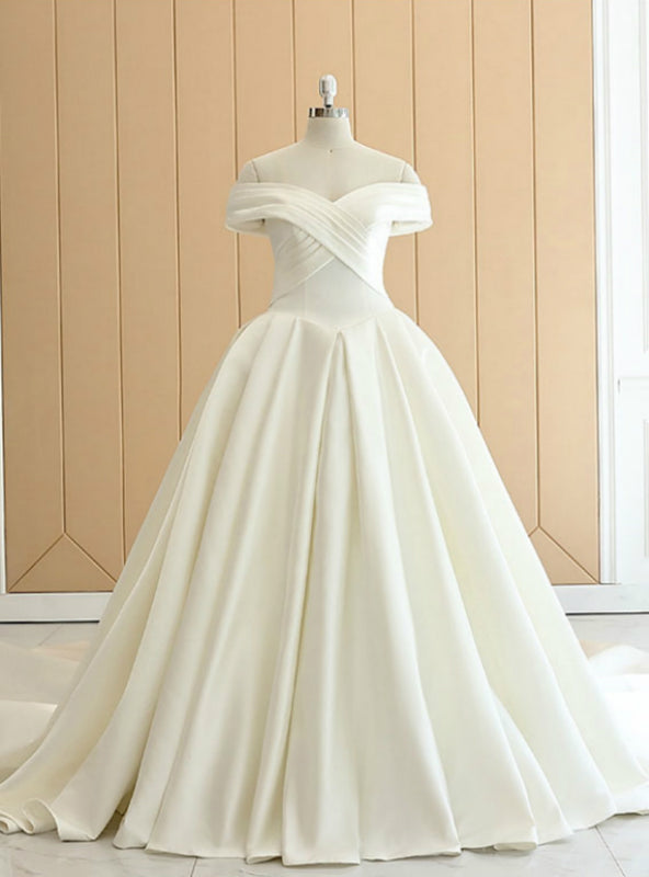 White Satin Off The Shoulder Pleats Wedding Dress With Train