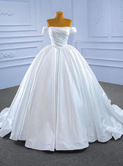 White Satin Off the Shoulder Pleats Wedding Dress