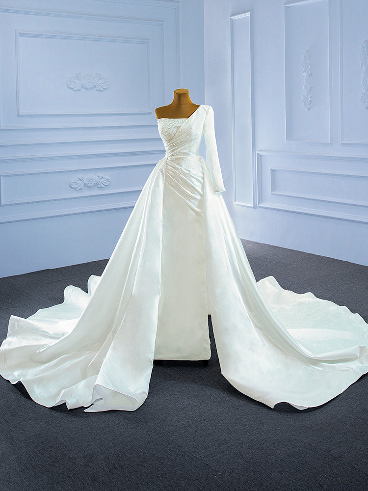 White Satin One Shoulder Pearls Wedding Dress