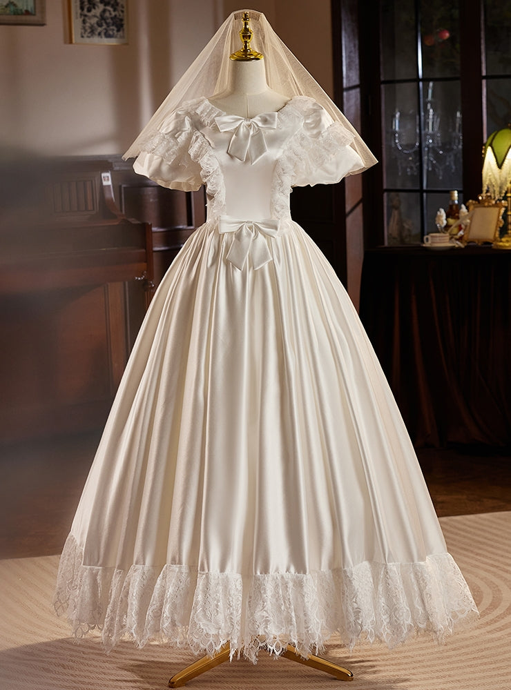 White Satin Puff Sleeve Bow Wedding Dress