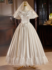 White Satin Puff Sleeve Bow Wedding Dress