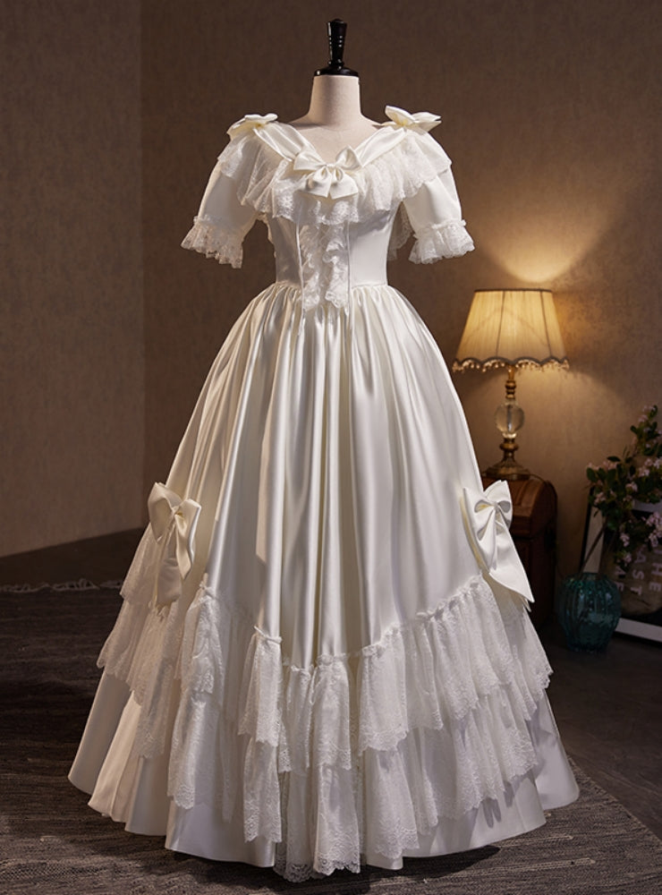 White Satin Short Sleeve Bow Wedding Dress