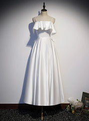 White Satin Spaghetti Straps Pearls Prom Dress