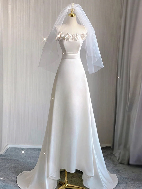 White Satin Strapless Flower Wedding Dress