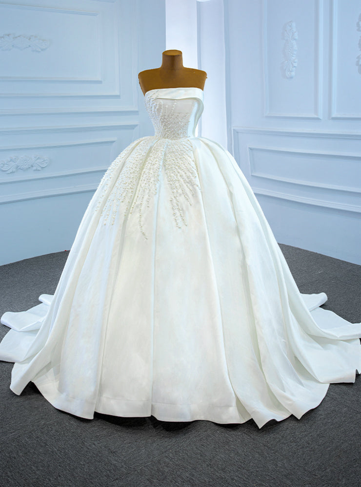 White Satin Strapless Pearls Sleeveless Pleats Wedding Dress