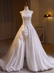 White Satin Strapless Pleats Split Wedding Dress