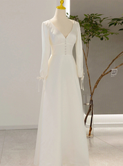 White Satin V-neck Backless Long Sleeve Wedding Dress