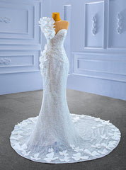 White Sequins Pearls Mermaid Appliques Wedding Dress