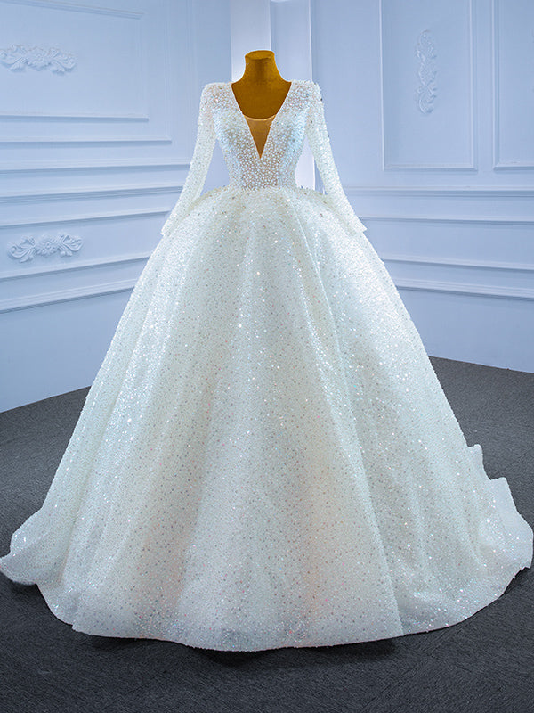 White Sequins V-neck Long Sleeve Pearls Wedding Dress