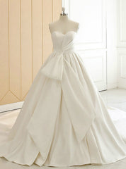 White Sweetheart Neck Satin Big Bow Shirring Wedding Dress