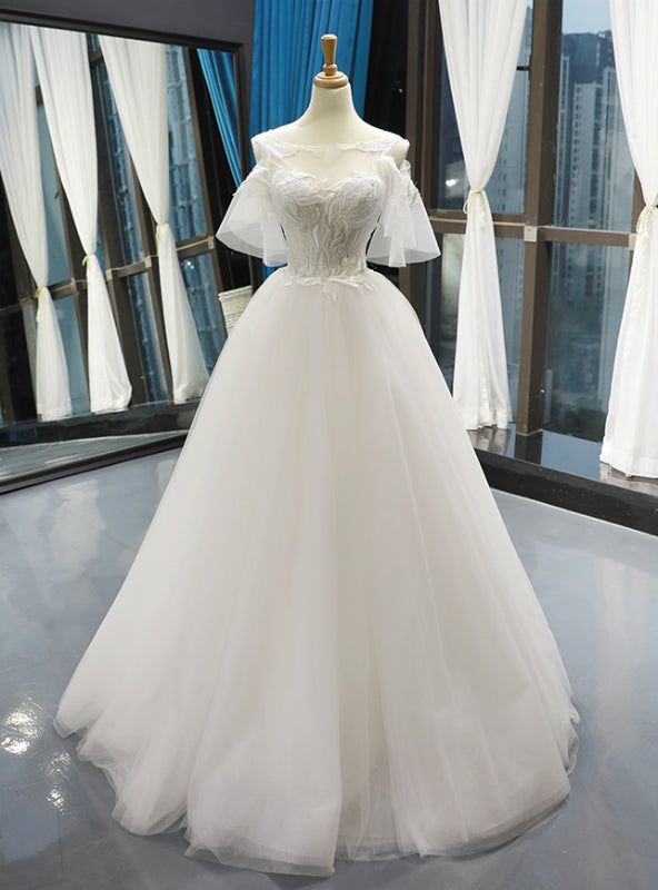 White Tulle Appliques Cold Shoulder Backless Floor Length Wedding Dress