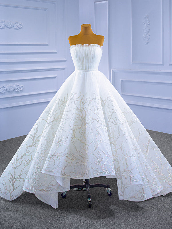 White Tulle  Strapless Wedding Dress With Detachable Train