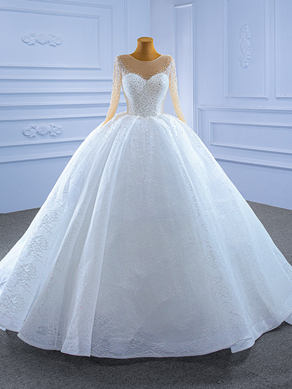 White Tulle Lace Long Sleeve Beading Wedding Dress