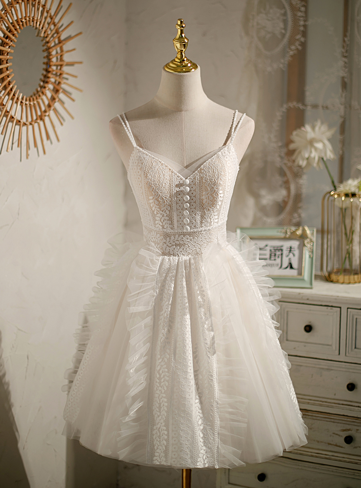 White Tulle Lace Spaghetti Straps Homecoming Dress