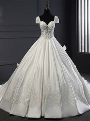 White Tulle Satin Ball Gown V-neck Train Beading Wedding Dress