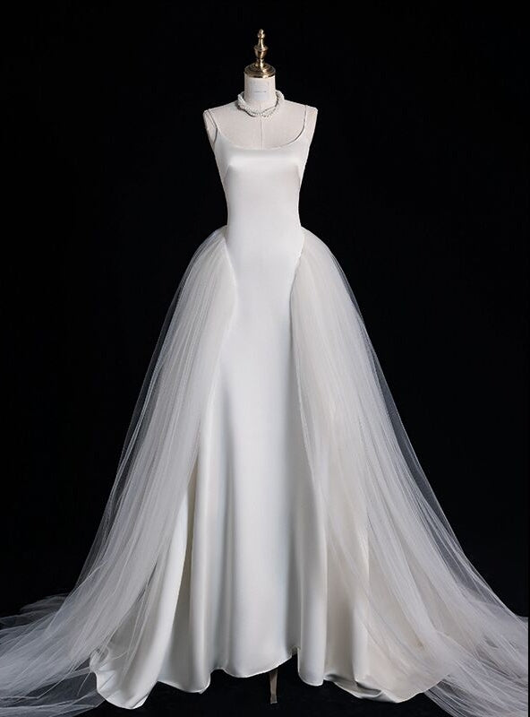 White Tulle Satin Spaghetti Straps Bridas Wedding Dress