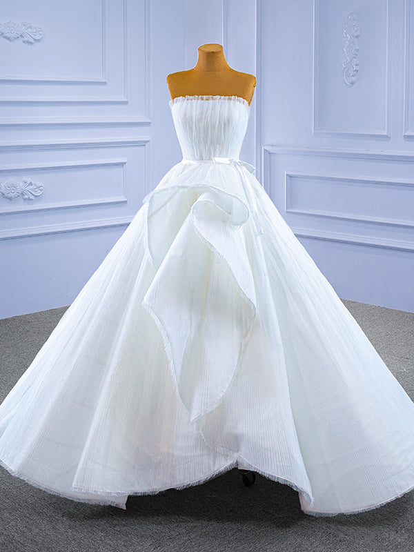 White Tulle Strapless Pleats Wedding Dress