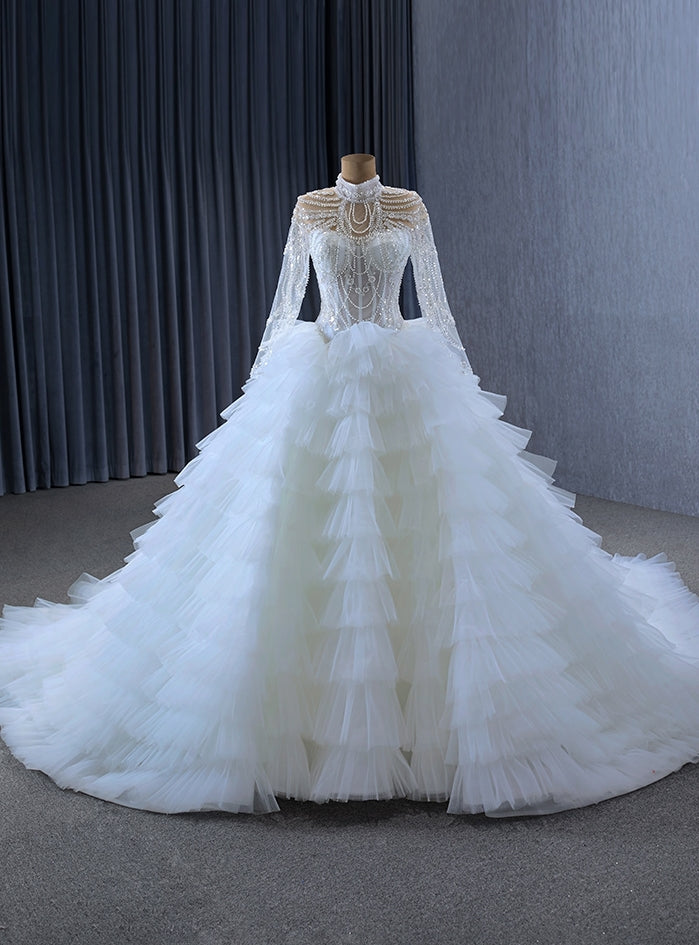 White Tulle Tiers High Neck Long Sleeve Beading Pearls Wedding Dress