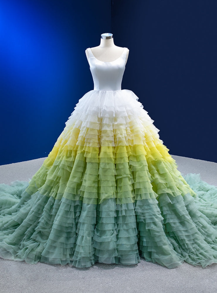 White Yellow Green Three Color Tulle Princess Prom Dress