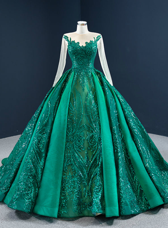 Wide Range Of Green Sequins Satin Long Sleeve Scoop Pleats Prom Dress