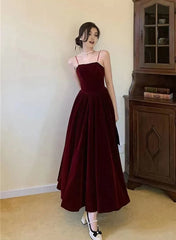 Wine Red Velvet Straps Long Evening Dresses, Wine Red Velvet Prom Dresses