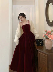 Wine Red Velvet Straps Long Evening Dresses, Wine Red Velvet Prom Dresses