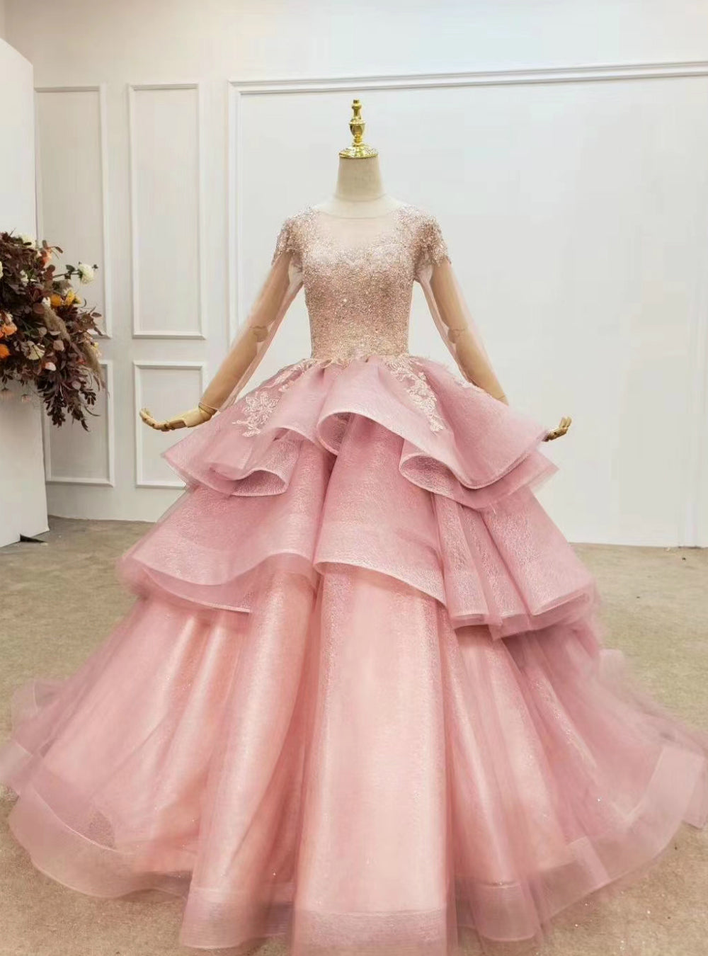 With 1000s Of Pink Ball Gown Tulle Beading Sequins Long Sleeve Wedding Dress