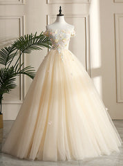 With 28 Colors Available. Champagne Ball Gown Tulle Off the Shoulder Appliques Beading Quinceanera Dress